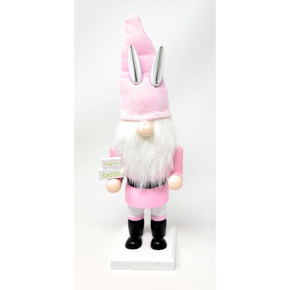 Easter Gnome 12" Nutcracker Wood Pink Bunny Rabbit - Picture 1 of 2